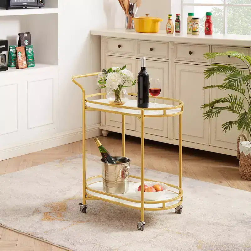 Rosary Blenn Modern Gold Bar Cart with Wheels 2-Tier Rolling Serving Trolley