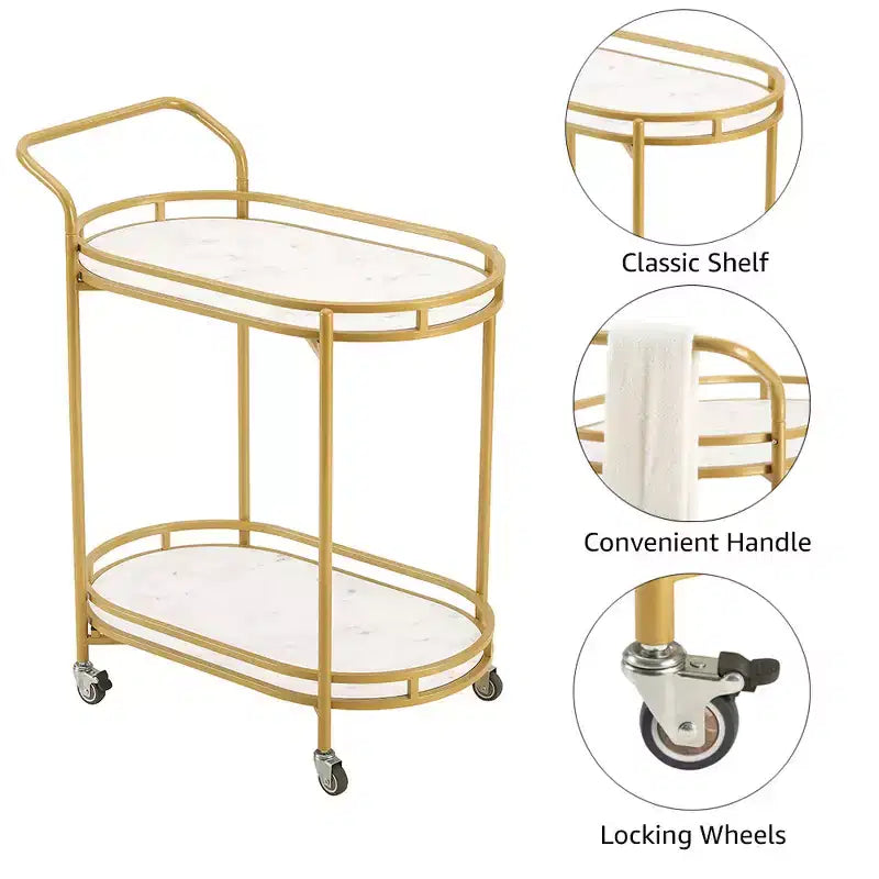 Rosary Blenn Modern Gold Bar Cart with Wheels 2-Tier Rolling Serving Trolley