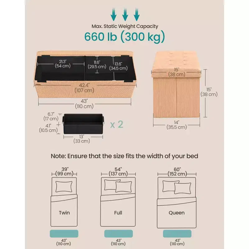 Corduroy Storage Ottoman Bench - 43 Foldable Footrest with 660lb Capacity, 35-Gallon Storage & Organizers, Multi-Functional