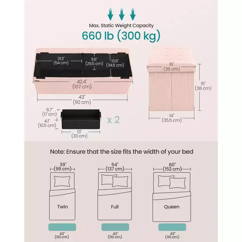 Corduroy Storage Ottoman Bench - 43 Foldable Footrest with 660lb Capacity, 35-Gallon Storage & Organizers, Multi-Functional