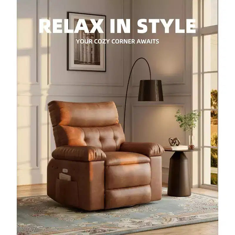 Acekool Oversized Manual Recliner Chair, Faux Leather Lounge Chair with Padded Arms, Wide Seat & Side Pocket for Living Room, Bedroom, Brown