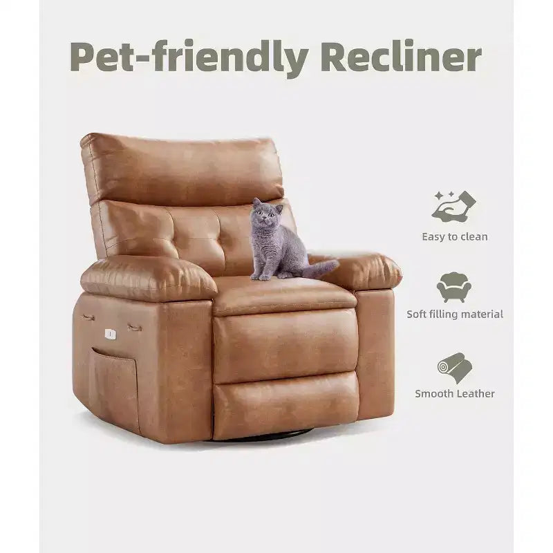 Acekool Oversized Manual Recliner Chair, Faux Leather Lounge Chair with Padded Arms, Wide Seat & Side Pocket for Living Room, Bedroom, Brown