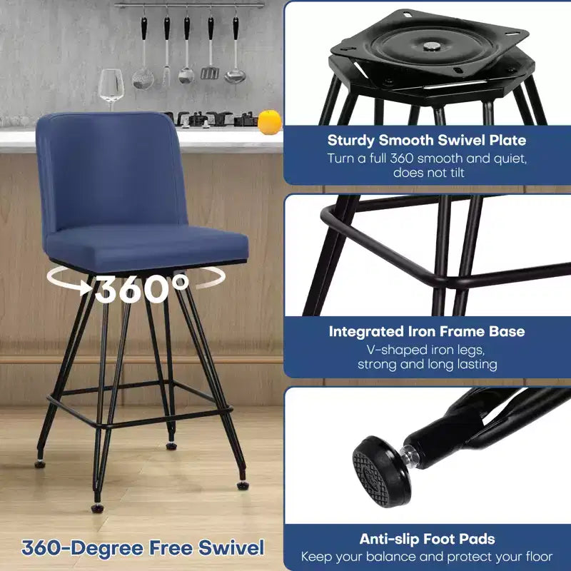 Bekrvio 26 Swivel Counter Height Bar Stools Set of 1/2/3/4, Faux Leather or Velvet Upholstered with V-Shaped Metal Base for Kitchen Island