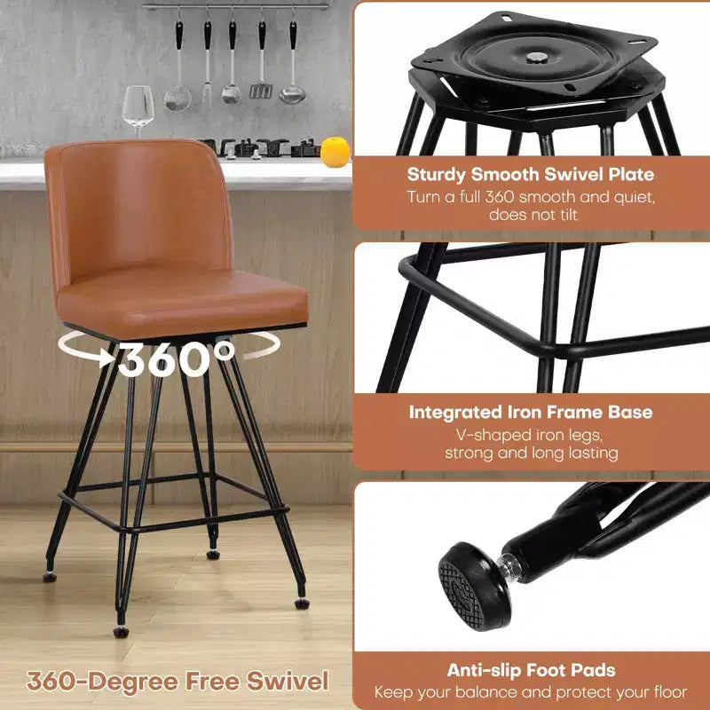Bekrvio 26 Swivel Counter Height Bar Stools Set of 1/2/3/4, Faux Leather or Velvet Upholstered with V-Shaped Metal Base for Kitchen Island