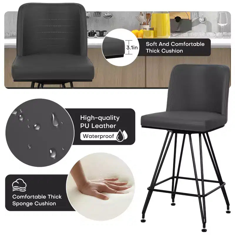 Bekrvio 26 Swivel Counter Height Bar Stools Set of 1/2/3/4, Faux Leather or Velvet Upholstered with V-Shaped Metal Base for Kitchen Island