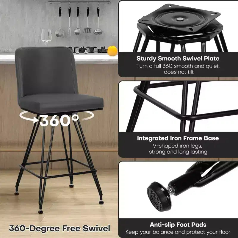 Bekrvio 26 Swivel Counter Height Bar Stools Set of 1/2/3/4, Faux Leather or Velvet Upholstered with V-Shaped Metal Base for Kitchen Island