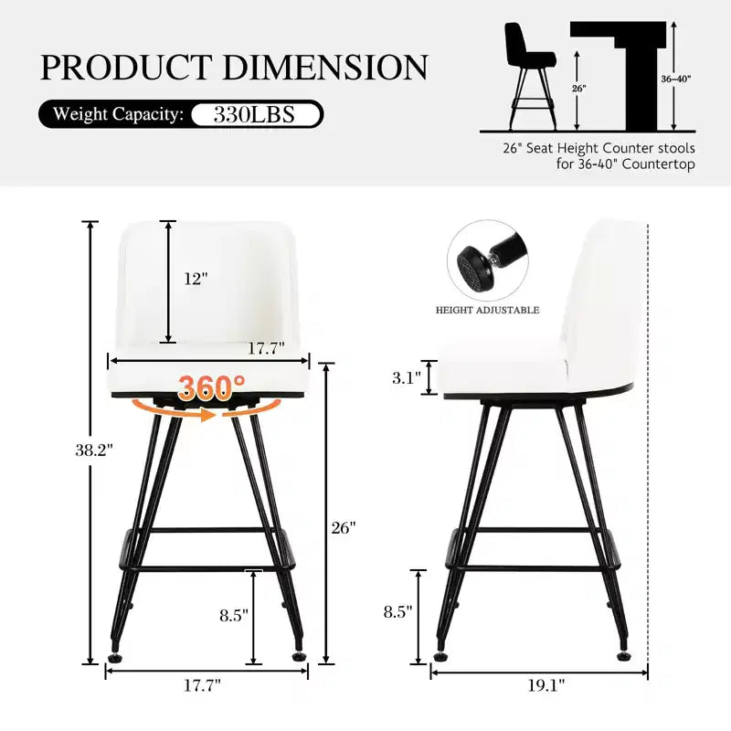 Bekrvio 26 Swivel Counter Height Bar Stools Set of 1/2/3/4, Faux Leather or Velvet Upholstered with V-Shaped Metal Base for Kitchen Island