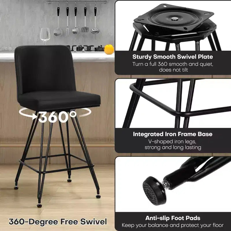 Bekrvio 26 Swivel Counter Height Bar Stools Set of 1/2/3/4, Faux Leather or Velvet Upholstered with V-Shaped Metal Base for Kitchen Island