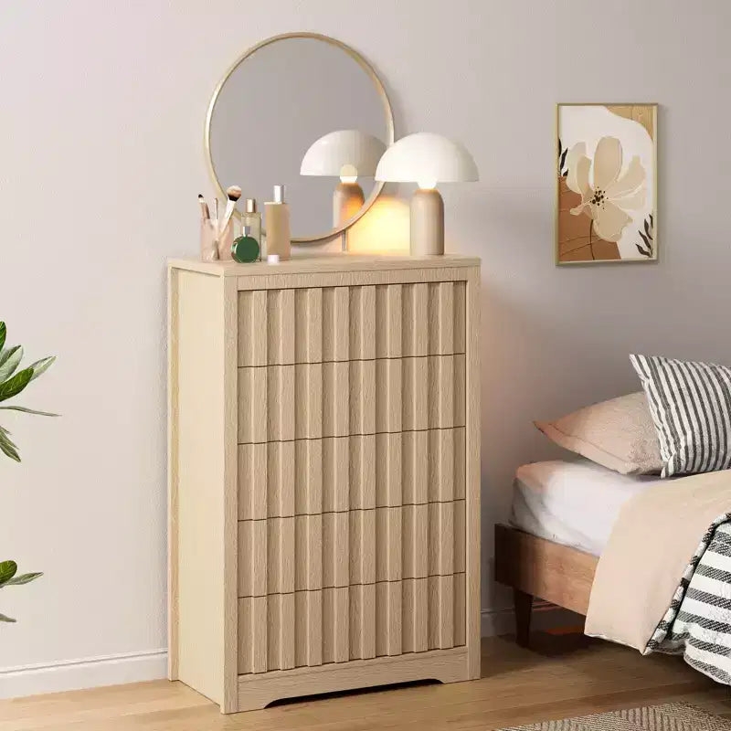 COZONY Tall Fluted 5-Drawer Modern Wooden Dresser Handleless Chest with Deep Storage for Bedroom, Living Room & Hallway, Natural Oak