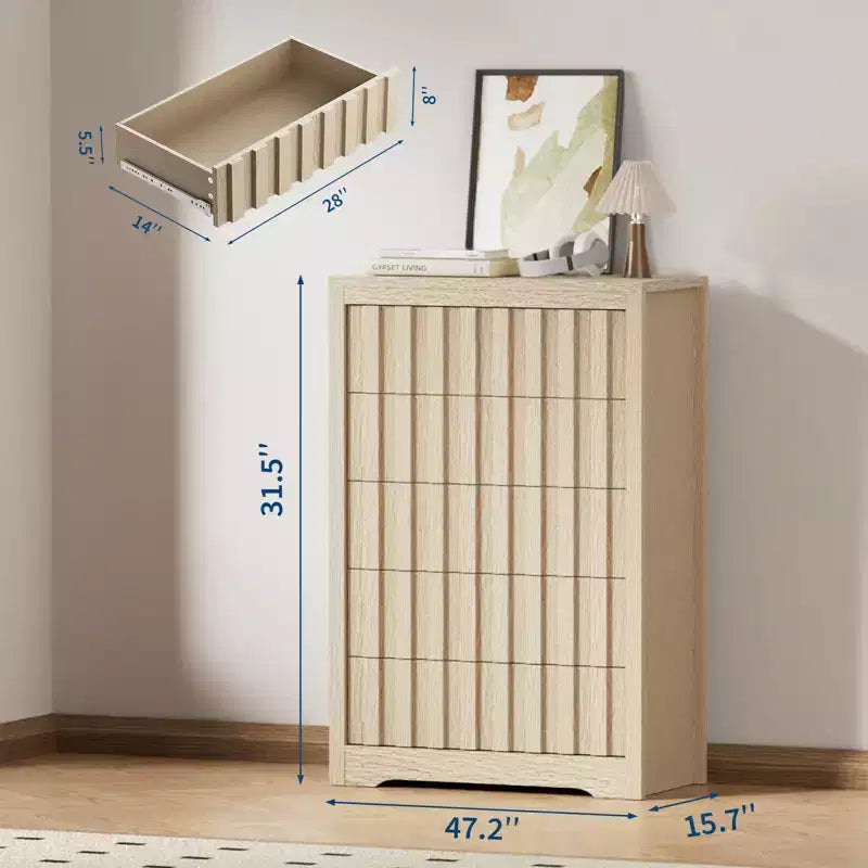 COZONY Tall Fluted 5-Drawer Modern Wooden Dresser Handleless Chest with Deep Storage for Bedroom, Living Room & Hallway, Natural Oak