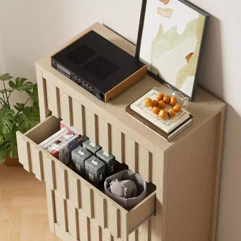 COZONY Tall Fluted 5-Drawer Modern Wooden Dresser Handleless Chest with Deep Storage for Bedroom, Living Room & Hallway, Natural Oak