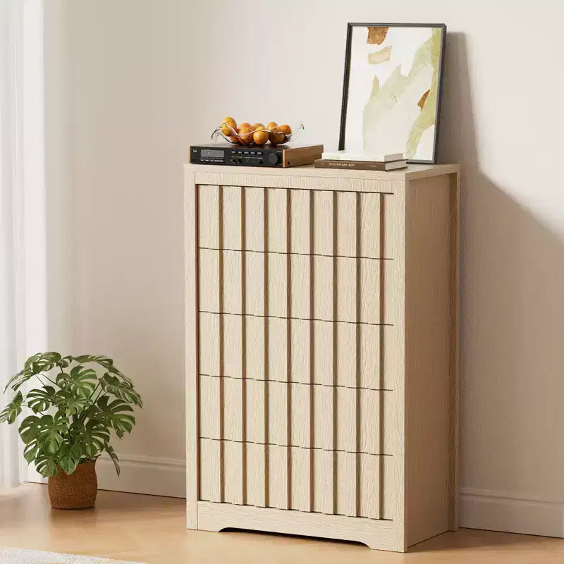 COZONY Tall Fluted 5-Drawer Modern Wooden Dresser Handleless Chest with Deep Storage for Bedroom, Living Room & Hallway, Natural Oak