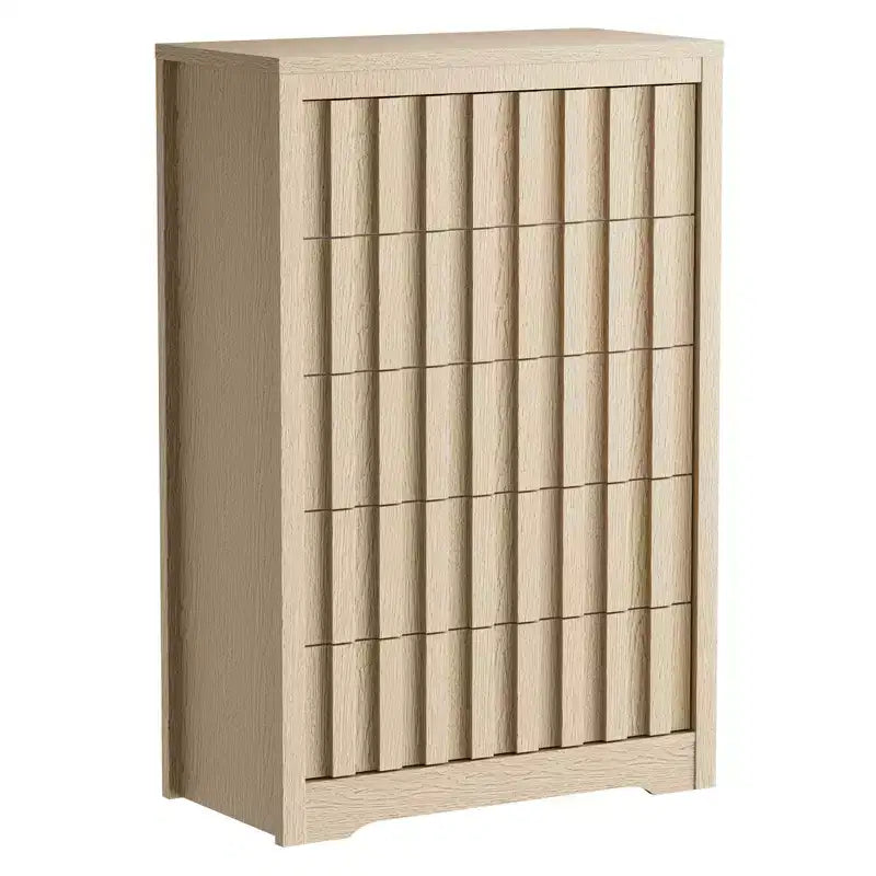 COZONY Tall Fluted 5-Drawer Modern Wooden Dresser Handleless Chest with Deep Storage for Bedroom, Living Room & Hallway, Natural Oak