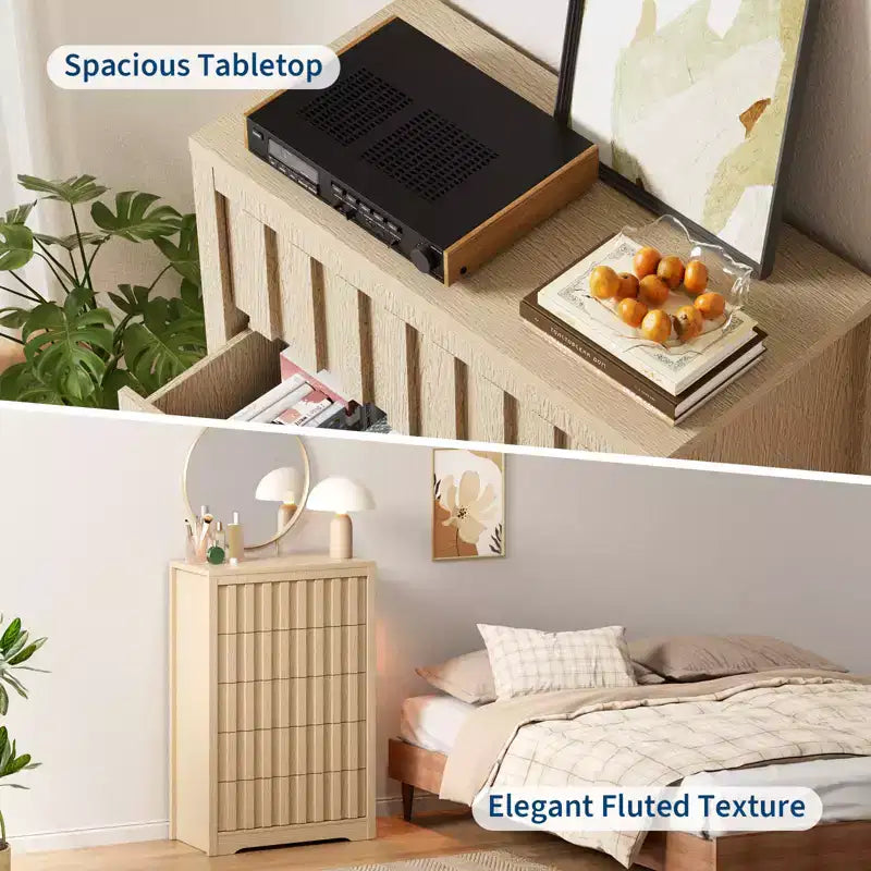 COZONY Tall Fluted 5-Drawer Modern Wooden Dresser Handleless Chest with Deep Storage for Bedroom, Living Room & Hallway, Natural Oak