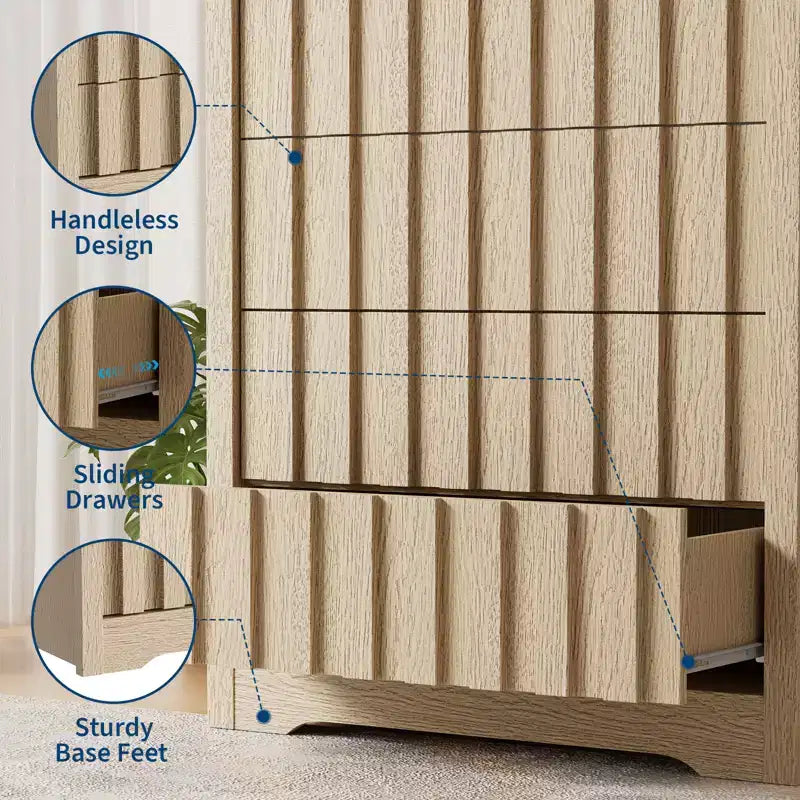COZONY Tall Fluted 5-Drawer Modern Wooden Dresser Handleless Chest with Deep Storage for Bedroom, Living Room & Hallway, Natural Oak