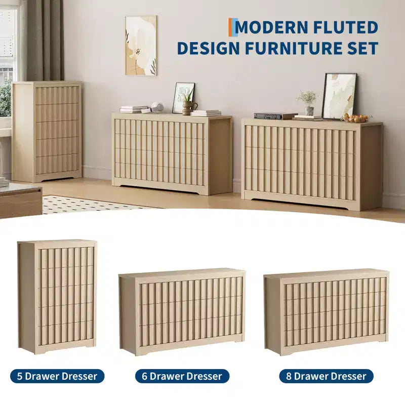 COZONY Tall Fluted 5-Drawer Modern Wooden Dresser Handleless Chest with Deep Storage for Bedroom, Living Room & Hallway, Natural Oak