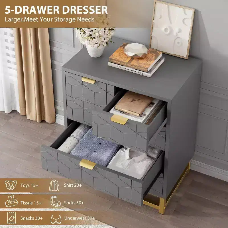 Acekool Modern 5-Drawer Storage Cabinet with Metal Handles for Bedroom, Living Room, or Entryway White with Gold Metal Legs