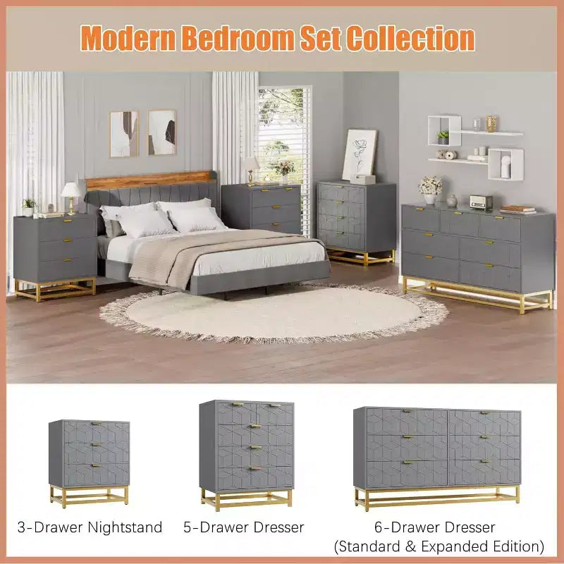 Acekool Modern 5-Drawer Storage Cabinet with Metal Handles for Bedroom, Living Room, or Entryway White with Gold Metal Legs