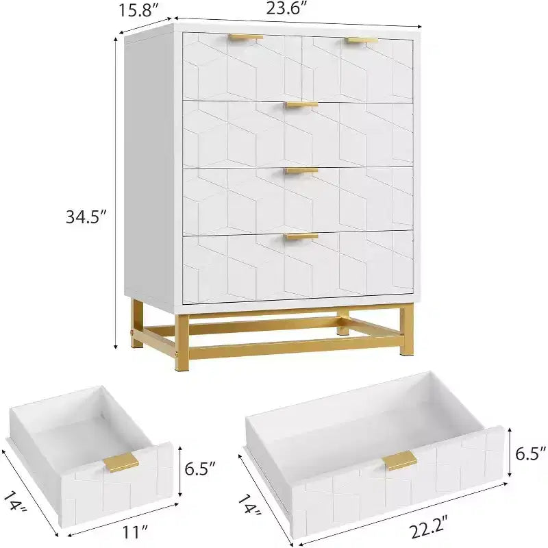 Acekool Modern 5-Drawer Storage Cabinet with Metal Handles for Bedroom, Living Room, or Entryway White with Gold Metal Legs