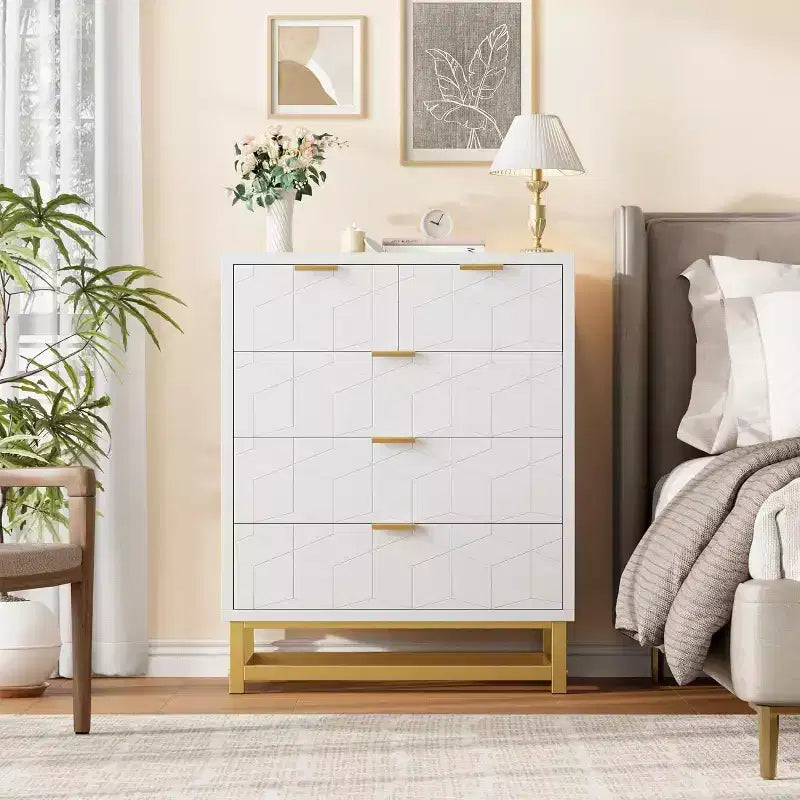 Acekool Modern 5-Drawer Storage Cabinet with Metal Handles for Bedroom, Living Room, or Entryway White with Gold Metal Legs