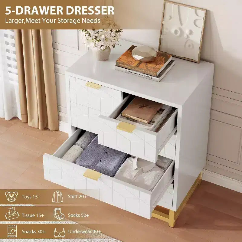 Acekool Modern 5-Drawer Storage Cabinet with Metal Handles for Bedroom, Living Room, or Entryway White with Gold Metal Legs