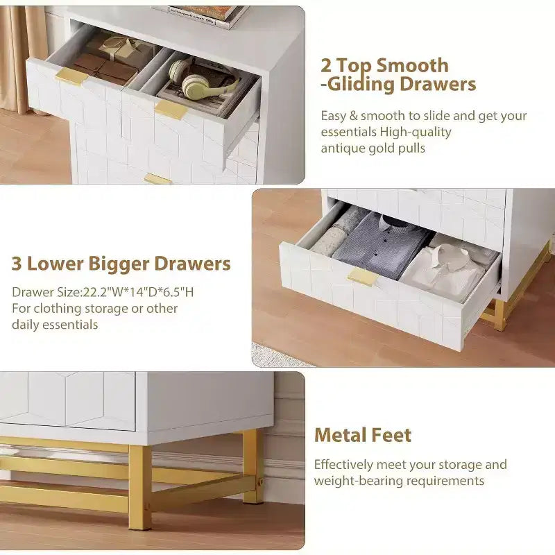 Acekool Modern 5-Drawer Storage Cabinet with Metal Handles for Bedroom, Living Room, or Entryway White with Gold Metal Legs