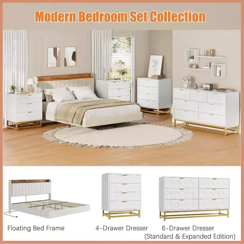 Acekool Modern 5-Drawer Storage Cabinet with Metal Handles for Bedroom, Living Room, or Entryway White with Gold Metal Legs