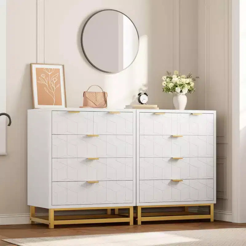 Acekool Modern 5-Drawer Storage Cabinet with Metal Handles for Bedroom, Living Room, or Entryway White with Gold Metal Legs