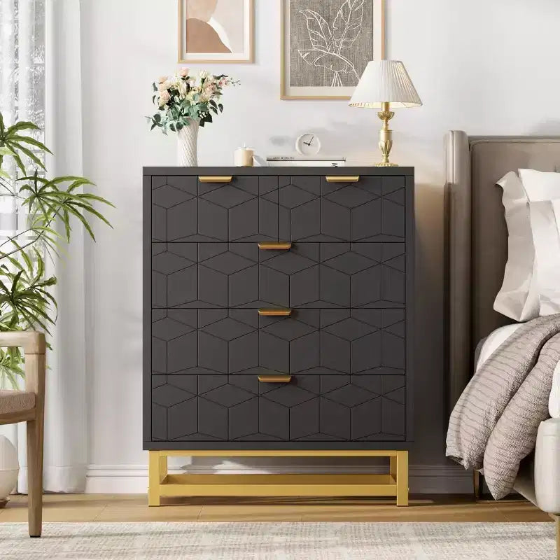 Acekool Modern 5-Drawer Storage Cabinet with Metal Handles for Bedroom, Living Room, or Entryway White with Gold Metal Legs