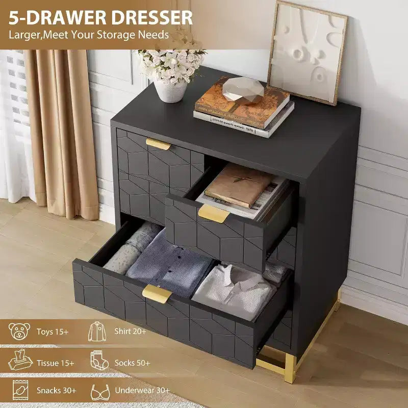 Acekool Modern 5-Drawer Storage Cabinet with Metal Handles for Bedroom, Living Room, or Entryway White with Gold Metal Legs