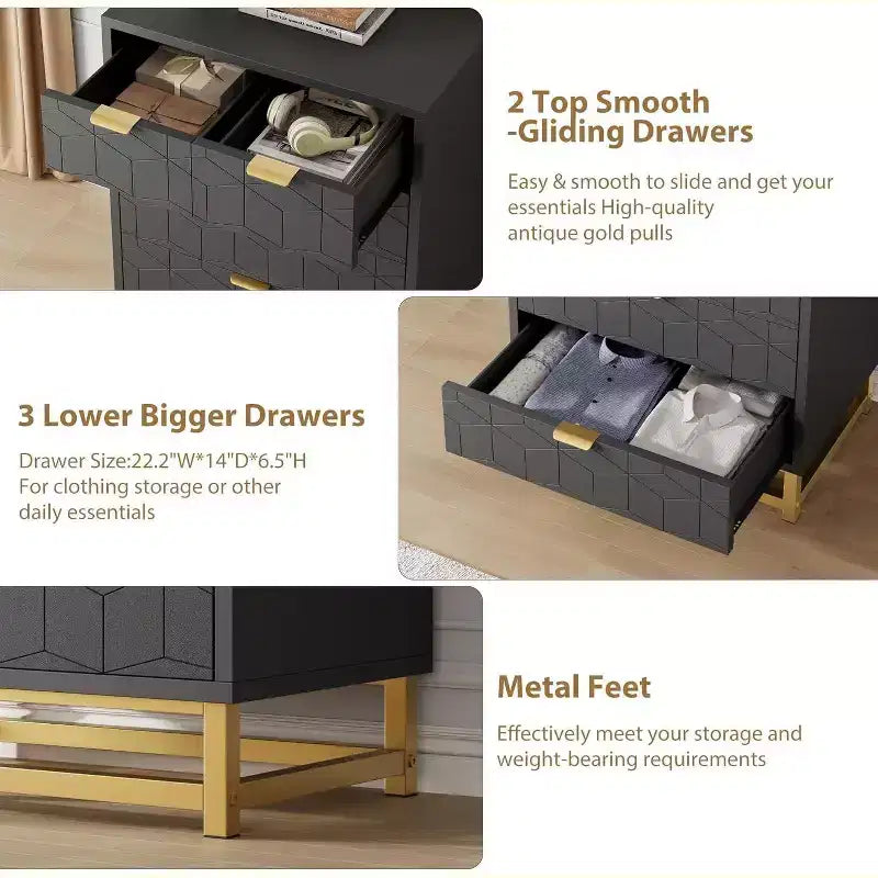 Acekool Modern 5-Drawer Storage Cabinet with Metal Handles for Bedroom, Living Room, or Entryway White with Gold Metal Legs