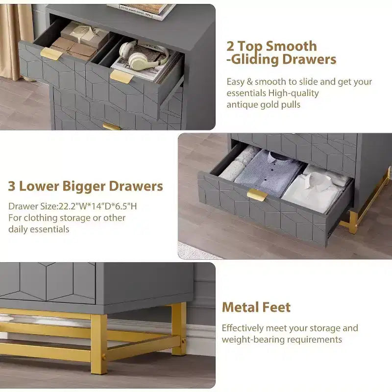 Acekool Modern 5-Drawer Storage Cabinet with Metal Handles for Bedroom, Living Room, or Entryway White with Gold Metal Legs
