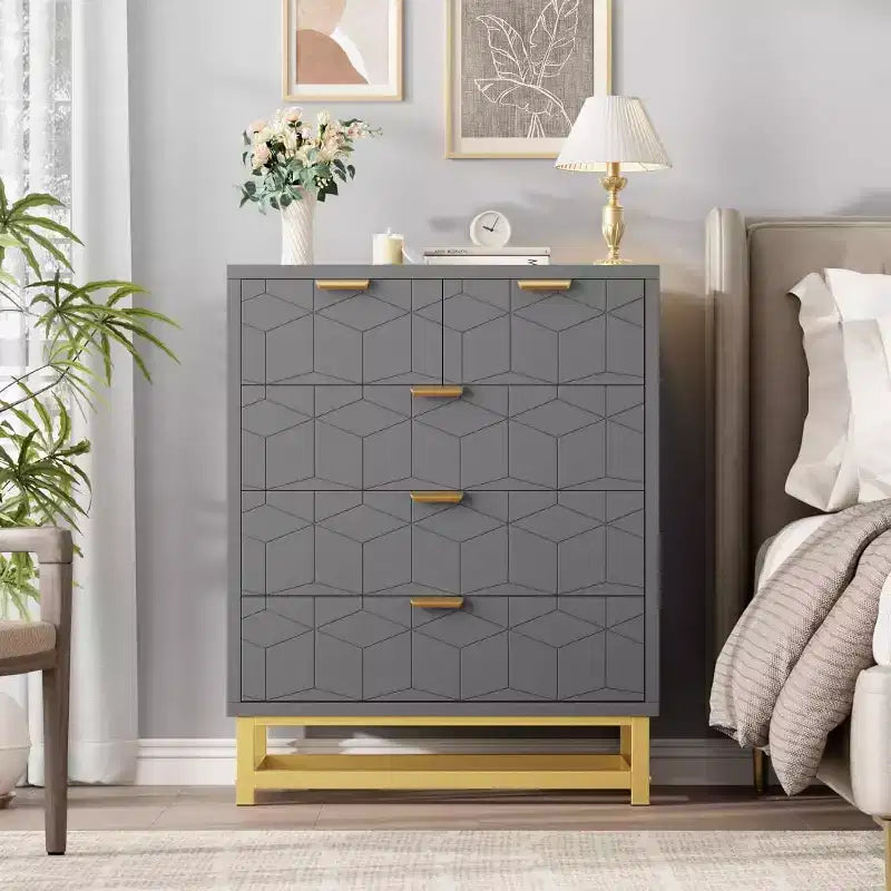 Acekool Modern 5-Drawer Storage Cabinet with Metal Handles for Bedroom, Living Room, or Entryway White with Gold Metal Legs