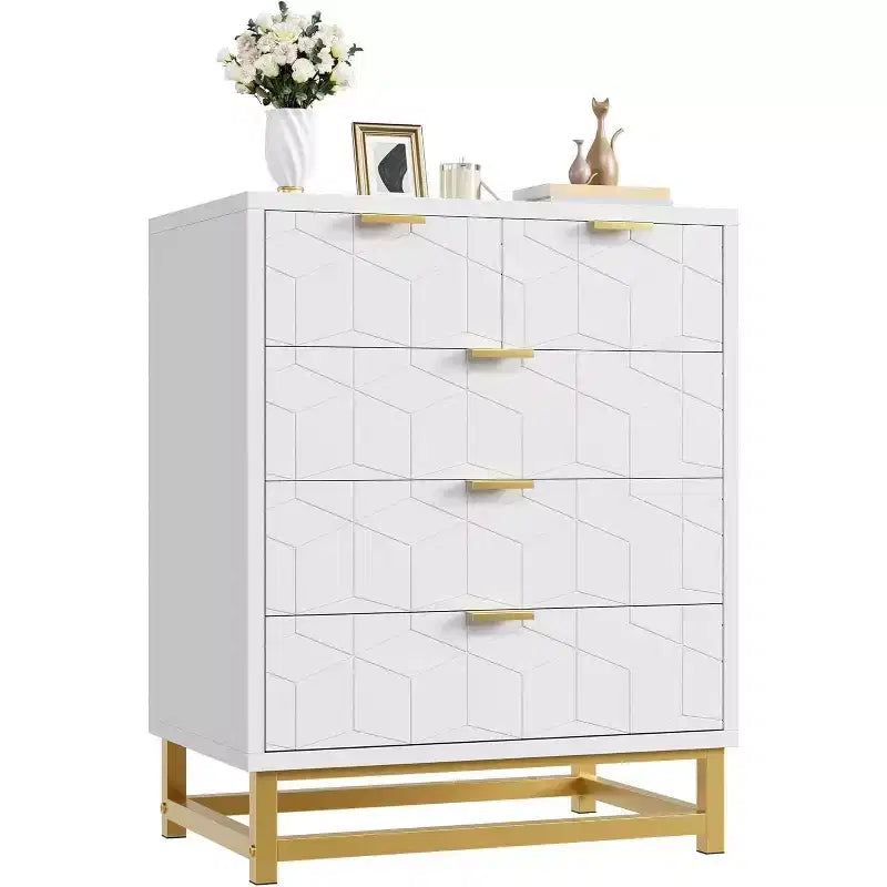 Acekool Modern 5-Drawer Storage Cabinet with Metal Handles for Bedroom, Living Room, or Entryway White with Gold Metal Legs