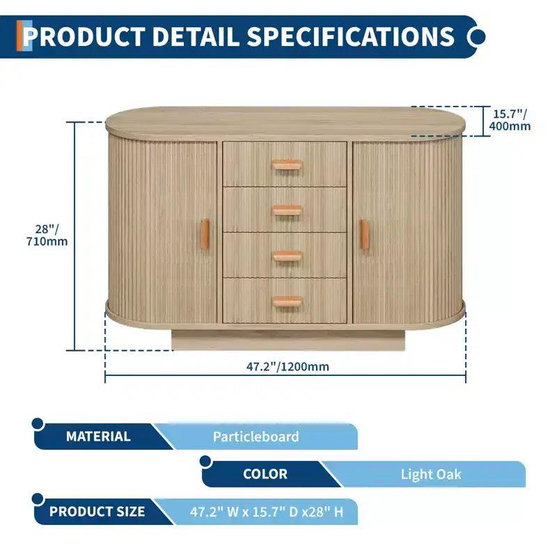 Buffet Cabinet, 47 Fluted Multi-Functional Coffee Bar with 4 Drawers & Sliding Doors - Modern Oak Sideboard