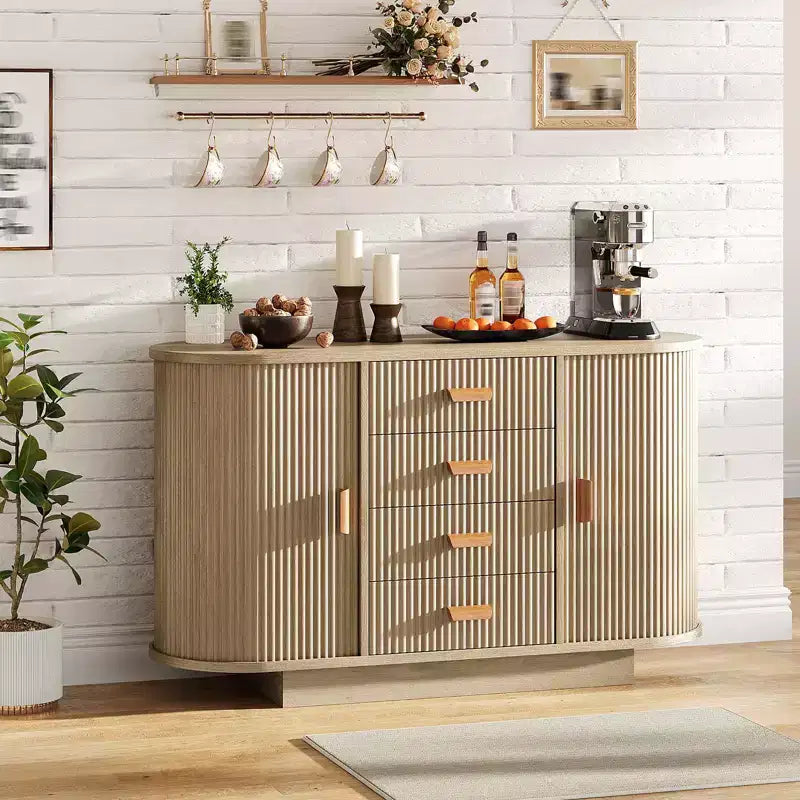 Buffet Cabinet, 47 Fluted Multi-Functional Coffee Bar with 4 Drawers & Sliding Doors - Modern Oak Sideboard
