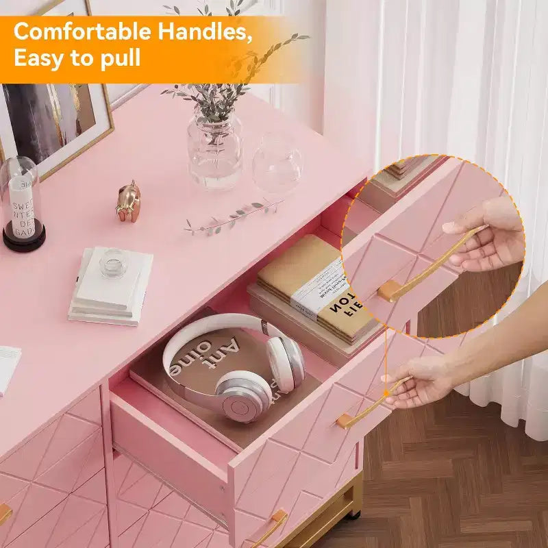 6 Drawer Dresser for Bedroom with Metal Legs & Golden Handle, Modern Storage Chest Cabinet Organizer for Living Room, Hallway, Entryway