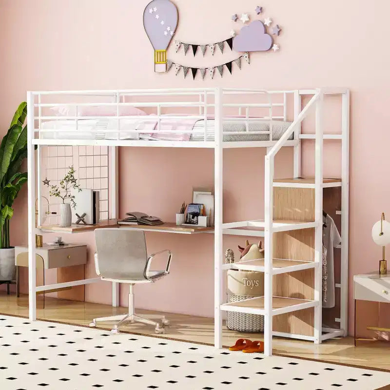 Metal Loft Bed with Desk and Metal Grid, Stylish Metal Frame Bed with Lateral Storage Ladder and Wardrobe
