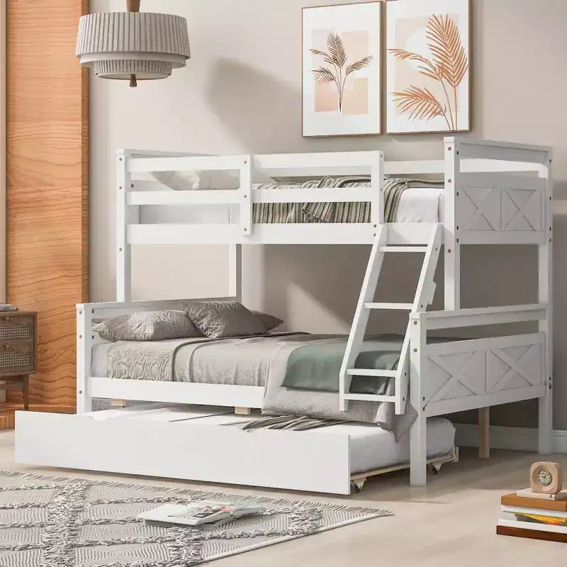 Twin over Full Bunk Beds with Trundle, Solid Wood Bunk Bed Frame with for Kids Teens Adults, Can be Convertible to 2 Beds