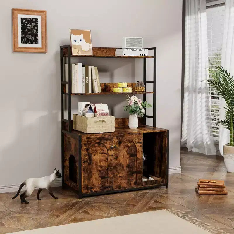 COZONY Large Litter Box Enclosure with Shelves & Doors, 52 Cat Litter Box Cabinet Furniture, Hidden Kitty Litter Box Enclosure with Scratch Pad