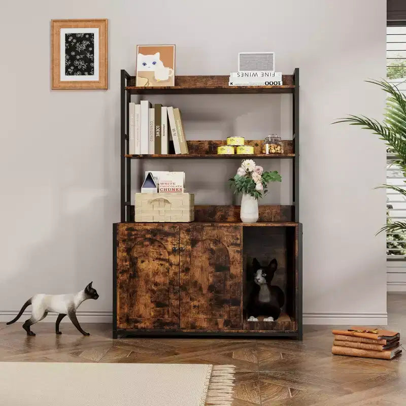 COZONY Large Litter Box Enclosure with Shelves & Doors, 52 Cat Litter Box Cabinet Furniture, Hidden Kitty Litter Box Enclosure with Scratch Pad