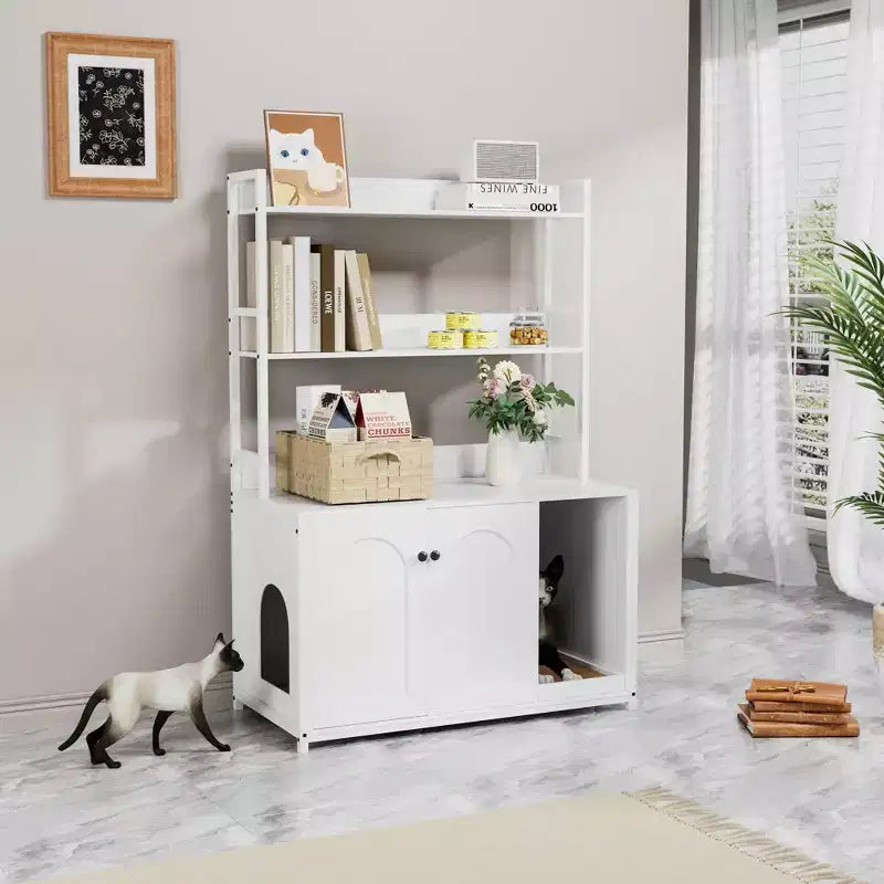 COZONY Large Litter Box Enclosure with Shelves & Doors, 52 Cat Litter Box Cabinet Furniture, Hidden Kitty Litter Box Enclosure with Scratch Pad