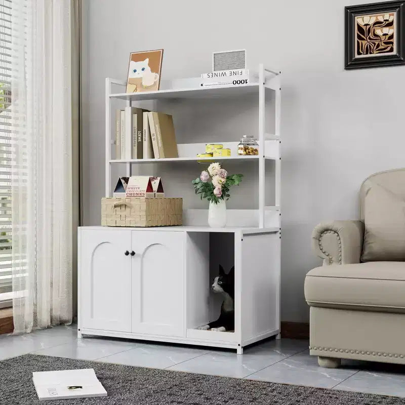 COZONY Large Litter Box Enclosure with Shelves & Doors, 52 Cat Litter Box Cabinet Furniture, Hidden Kitty Litter Box Enclosure with Scratch Pad