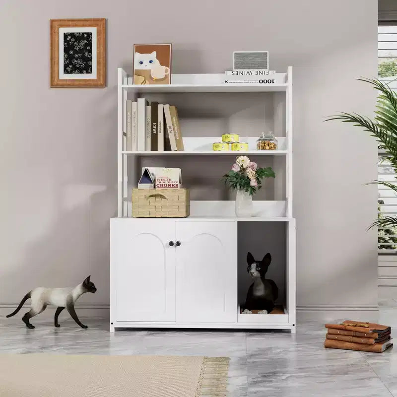COZONY Large Litter Box Enclosure with Shelves & Doors, 52 Cat Litter Box Cabinet Furniture, Hidden Kitty Litter Box Enclosure with Scratch Pad