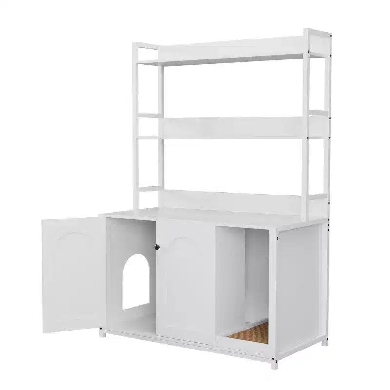 COZONY Large Litter Box Enclosure with Shelves & Doors, 52 Cat Litter Box Cabinet Furniture, Hidden Kitty Litter Box Enclosure with Scratch Pad