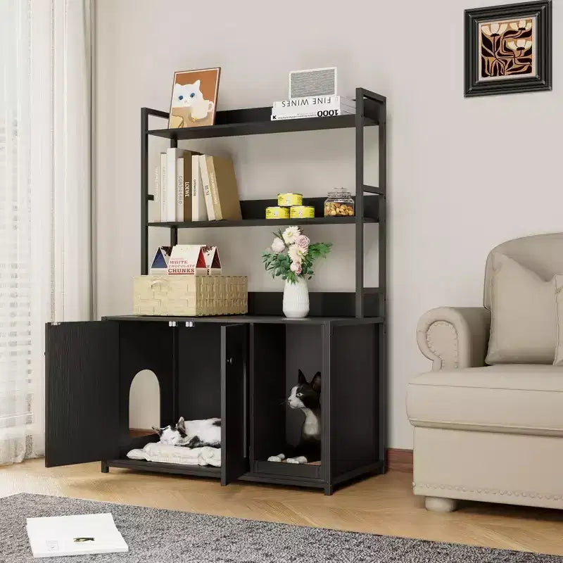 COZONY Large Litter Box Enclosure with Shelves & Doors, 52 Cat Litter Box Cabinet Furniture, Hidden Kitty Litter Box Enclosure with Scratch Pad