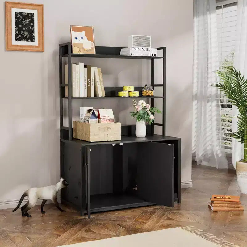 COZONY Large Litter Box Enclosure with Shelves & Doors, 52 Cat Litter Box Cabinet Furniture, Hidden Kitty Litter Box Enclosure with Scratch Pad