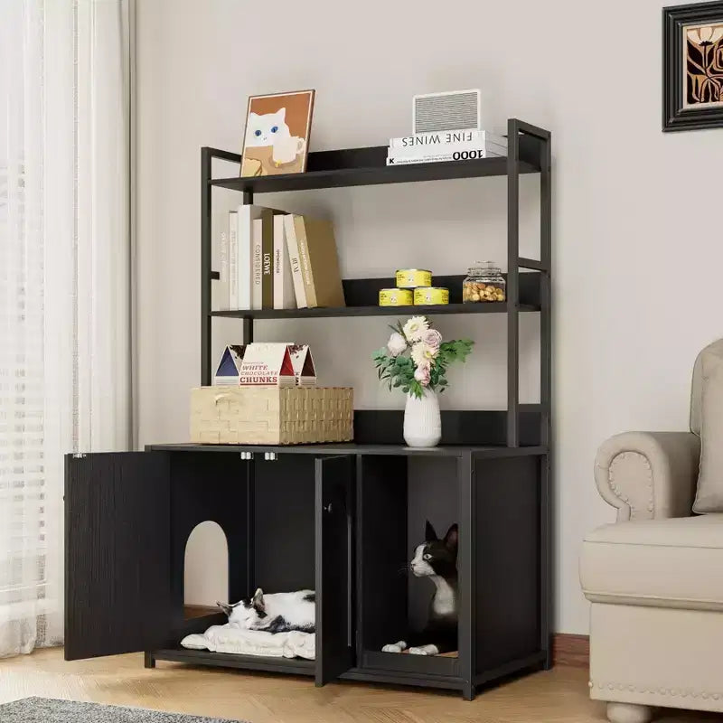 COZONY Large Litter Box Enclosure with Shelves & Doors, 52 Cat Litter Box Cabinet Furniture, Hidden Kitty Litter Box Enclosure with Scratch Pad