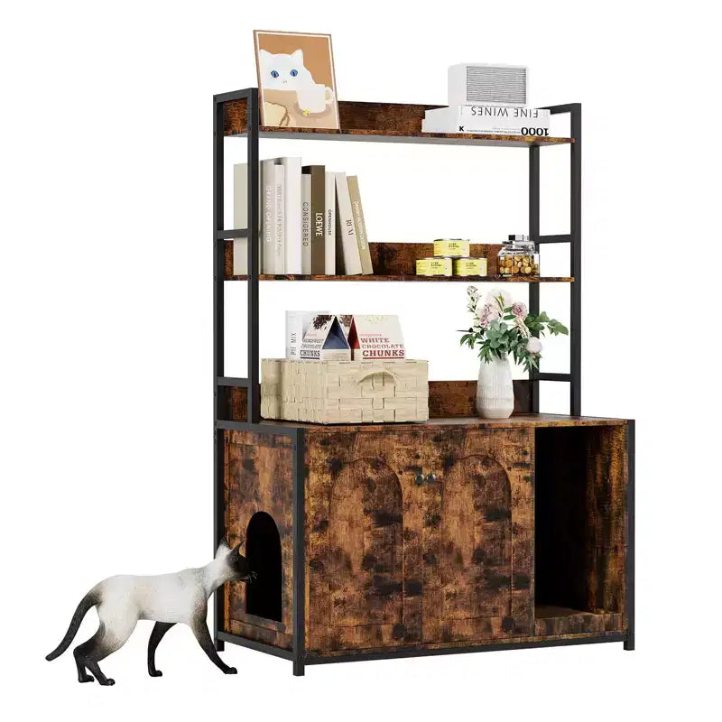COZONY Large Litter Box Enclosure with Shelves & Doors, 52 Cat Litter Box Cabinet Furniture, Hidden Kitty Litter Box Enclosure with Scratch Pad