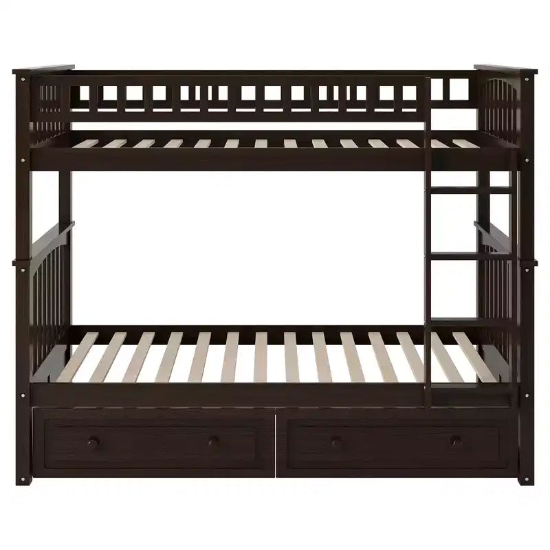 Wood Bunk Bed with Drawers, Convertible Bunk Bed with Two Storage Drawers, Solid Wood Detachable Bunk Bed Frame